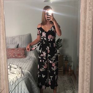 Floral chiffon jumpsuit w/ zip closure, tie-waist